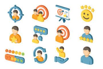 Colorful 3d customer feedback icons with emojis and ratings