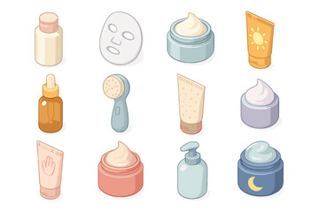 Skincare product collection with creams, masks, serums, and cleansers