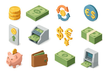 Financial icons set: coins, cash, atm, currency symbols, piggy bank, wallet