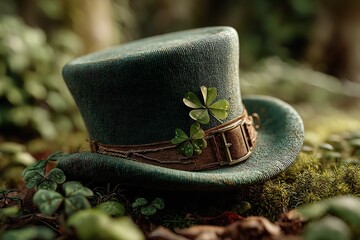 Close-up of a green leprechaun's top hat with a clover leaf in the middle against a backdrop of a magical green forest. Generative Ai