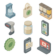 Zero-Waste Icons Collection. Isometric Flat icon set of zero-waste shopping companion: refill station, cloth bag, bulk bins,