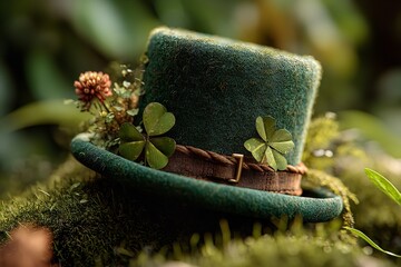 Close-up of a green leprechaun's top hat with a clover leaf in the middle against a backdrop of a magical green forest. Generative Ai