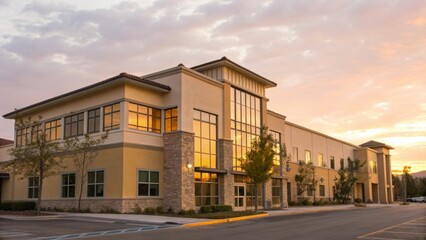 Modern commercial building at sunset with large windows and landscaping.