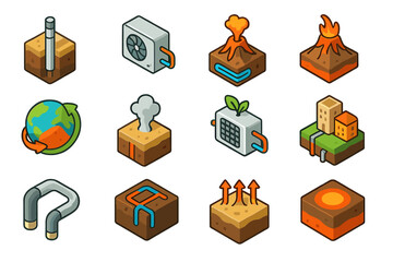 Geothermal energy icons collection with volcanic and environmental themes