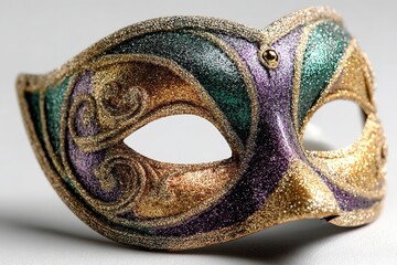 A glittering Mardi gras mask in shades of gold, purple, and green, set against a white backdrop. Generative Ai
