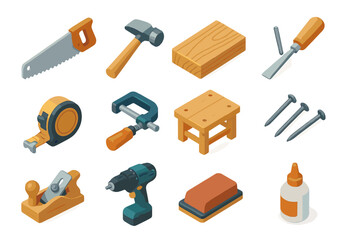 Isometric woodworking tools: saw, hammer, drill, c-clamp, glue, nails