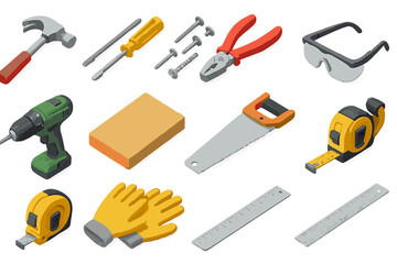 Essential tools collection: hammer, drill, tape measure, and more