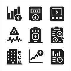 Urban Energy Icons. Solid, filled icons set of urban energy monitoring: energy usage graph, meter reading,