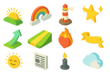 Colorful 3d icons of nature, objects, and symbols in vibrant tones