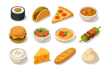 Variety of iconic foods: sushi, taco, pizza, burger, and more
