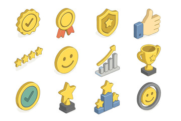 Collection of isometric achievement icons with trophies and medals