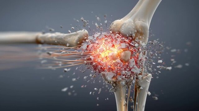 The Explosion of Bones: A high-impact, illustrative rendering shows a bone shattering, with sparks and a glow against a dark background. Illustrating concepts of trauma, injury.