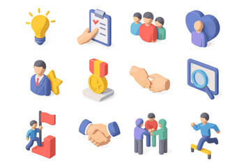 Diverse 3d icons of teamwork, collaboration, and leadership concepts