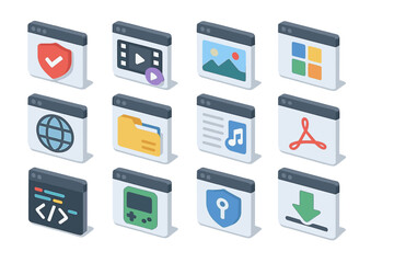 Fototapeta premium Isometric app icons for media, security, files, music, and web use