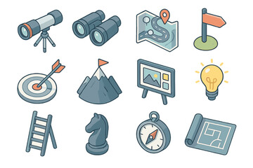 Adventure icons: compass, map, telescope, mountain, target, strategy, exploration