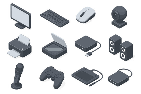 Digital gadgets: computer accessories and peripherals set in gray tones