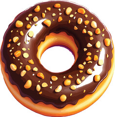 Chocolate Iced Donut with Nuts – Vector Illustration of Classic Round Donut with Glossy Chocolate Glaze and Sprinkled Topping