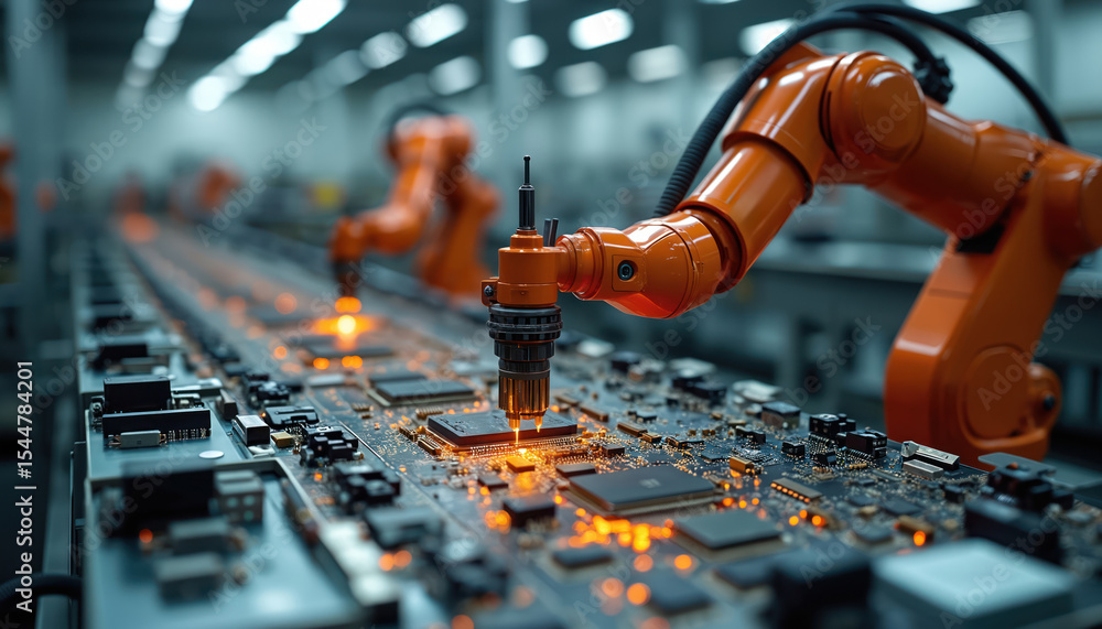 Poster robotic arm assembles electronics on circuit board. automated manufacturing facility uses modern tec