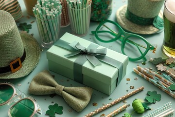 Green ribbon-adorned gift box, This is a top view of the green party glasses with hat decorations for St. Patrick's Day. Generative Ai