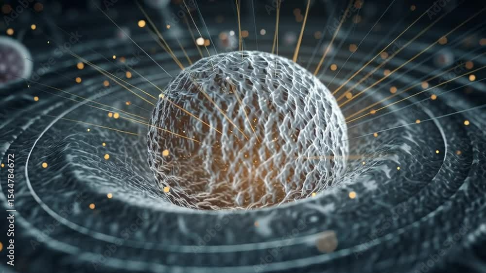 Poster cell genesis: a microscopic view of a cell's creation, a complex structure glowing with energy.