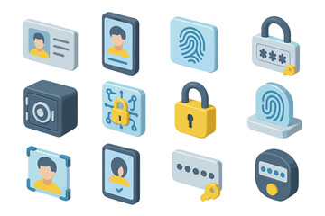 Isometric icons of digital security features with locks and fingerprints