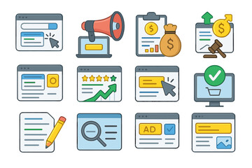 Colorful online advertising and marketing icons with charts and symbols