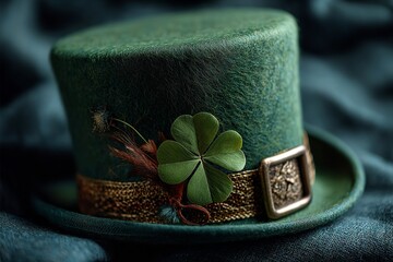 Close-up of a green leprechaun's top hat with a clover leaf in the middle against a backdrop of a magical green forest. Generative Ai