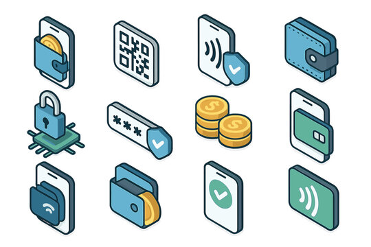 Isometric mobile payment and security icons set featuring wallet and qr code