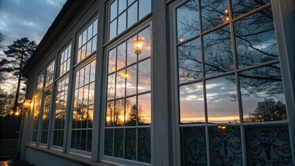 Window reflections capturing sunset and trees in tranquil setting.