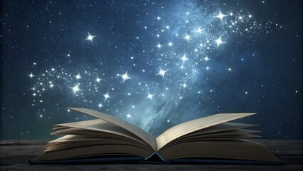 A night sky turning into a book page — stars as words fading into text