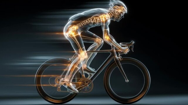Cycling Anatomy Unveiled: A cyclist in motion, their skeletal structure illuminated, representing the physical exertion and biological processes involved in cycling.