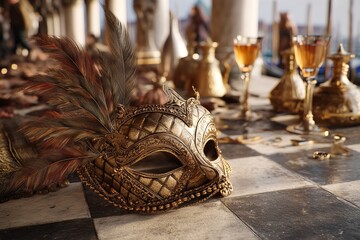 Celebrate Venice Carnival with a golden carnival mask embellished with colorful feathers on a charming Venetian setting. Generative Ai