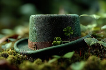 Close-up of a green leprechaun's top hat with a clover leaf in the middle against a backdrop of a magical green forest. Generative Ai