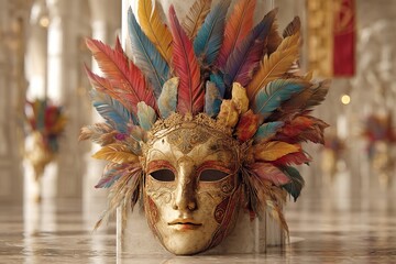 Celebrate Venice Carnival with a golden carnival mask embellished with colorful feathers on a charming Venetian setting. Generative Ai