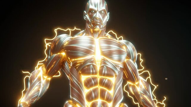Cybernetic Dynamo: A powerful, metallic figure, radiating energy, a symphony of strength and technological enhancement against a stark backdrop.