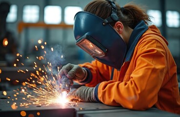 Female welder using welding torch, sparks flying. Skilled artisan in safety gear, industrial construction. Woman in protective helmet works with metal, welding metal.