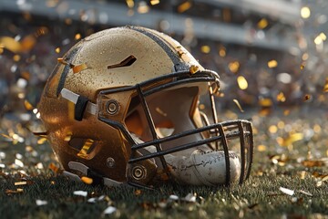 Ball on field, golden football helmet. There is confetti. athletic gear. Moment of victory. Generative Ai
