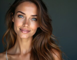 Obraz premium Close-up portrait of young woman with healthy glowing skin, long hair. Natural beauty concept with gentle smile, blue eyes, light makeup. Female beauty portrait.