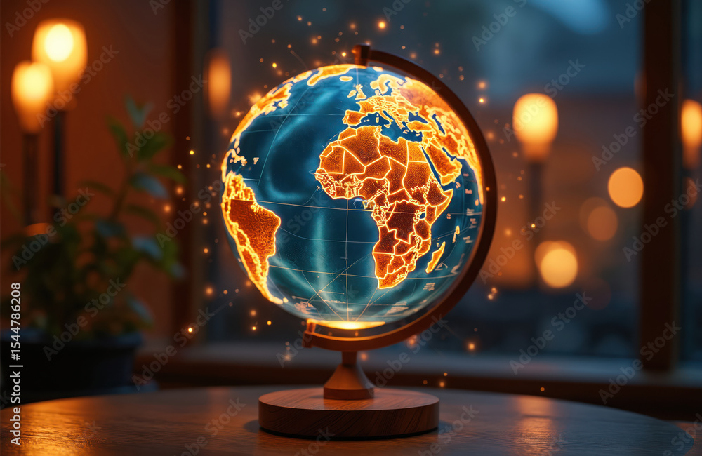 Poster glowing globe global connections, education, knowledge sharing. illuminated earth map with network c