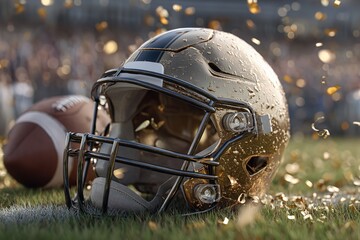 Ball on field, golden football helmet. There is confetti. athletic gear. Moment of victory. Generative Ai