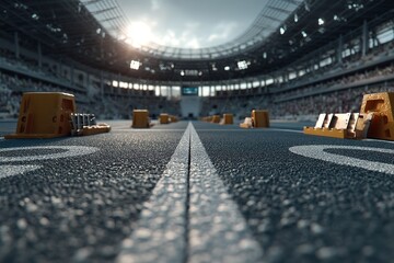A front view of a sports arena including starting blocks and a racetrack. Generative Ai