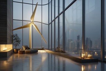A Display of Golden Wind Turbines in an Illuminated Cityscape. Generative Ai