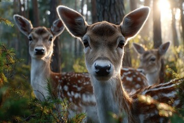 Fototapeta premium Deer family observing in a serene forest during early morning light