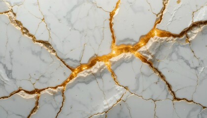 Fototapeta premium Glowing gold resin fills cracks in white marble texture background