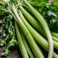 Fototapeta premium Vibrant green stalks of celery and cilantro are artfully arranged on a weathered wooden surface, showcasing freshness and the beauty of natures bounty Generative AI