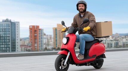Contactless food delivery concept with courier riding electric scooter, wearing helmet and gloves, urban background, safety, speed, and convenience