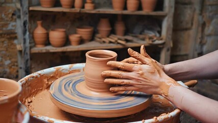 Crafting Clay on Wheel: A potter's skilled hands mold clay on a spinning wheel, showcasing the artistry of pottery in a rustic setting.
