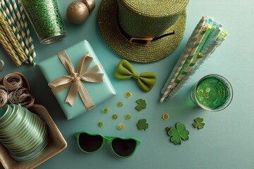 Green ribbon-adorned gift box, This is a top view of the green party glasses with hat decorations for St. Patrick's Day. Generative Ai