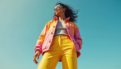 Stylish woman in colorful Y2K fashion. Trendy outfit includes jacket, sunglasses, yellow pants. Girl poses against bright blue sky. High fashion photo embodies modern aesthetics. Fashion blog