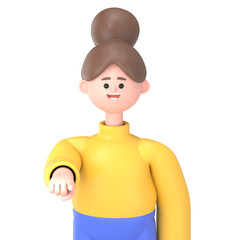 3D illustration of Asian woman Angela standing with outstretched hand, preventing you.Supports PNG files with transparent backgrounds.